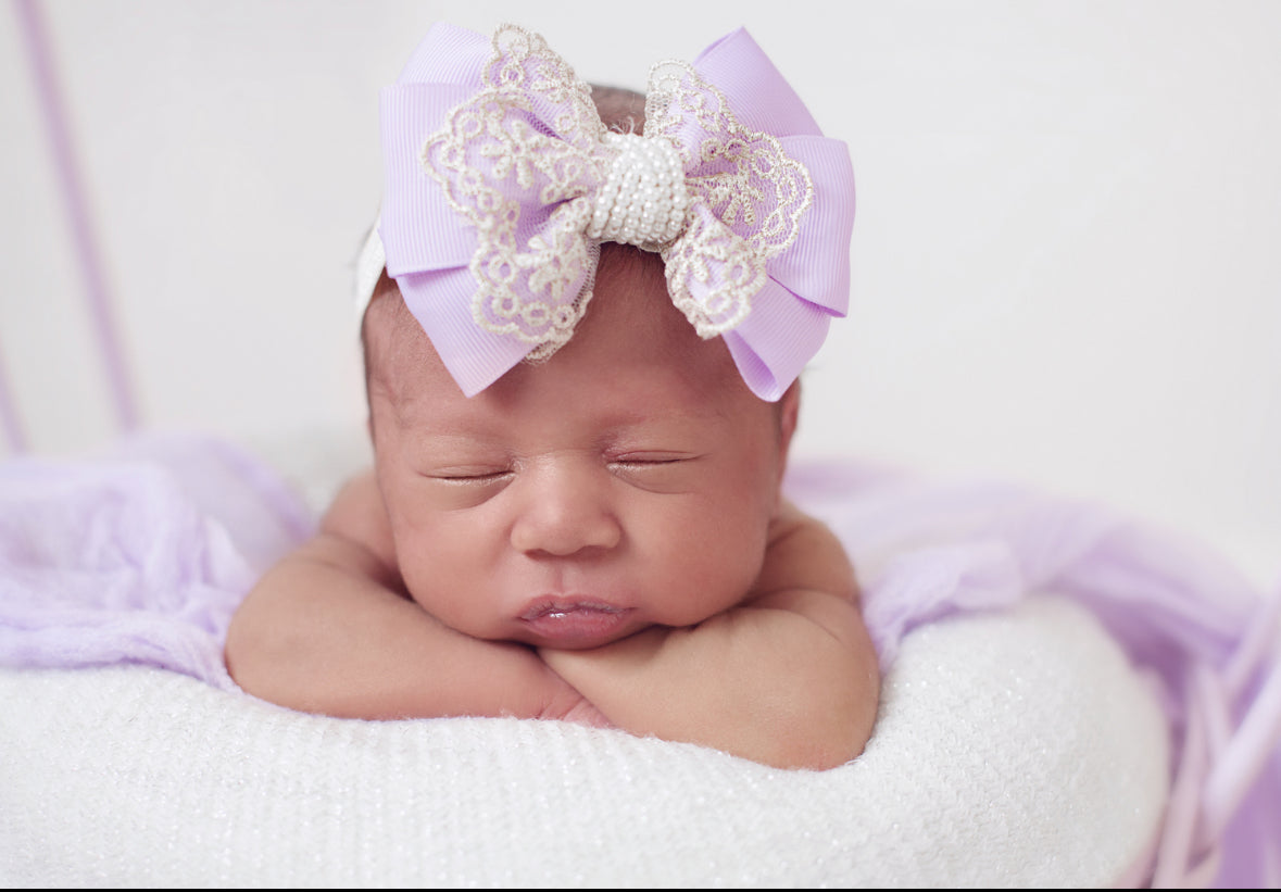 Oversized Bow with Gold Lace and Pearls in Ivory, Pink & Lilac