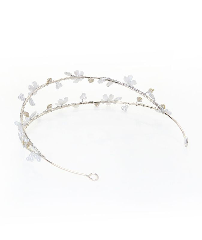 Girls Silver Double Headband - Floral Tiara Style with Pearls & Crystals