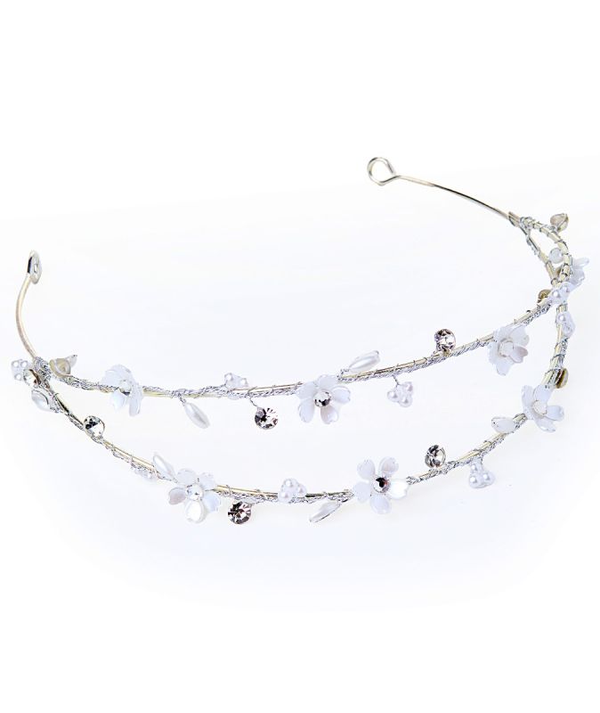 Girls Silver Double Headband - Floral Tiara Style with Pearls & Crystals