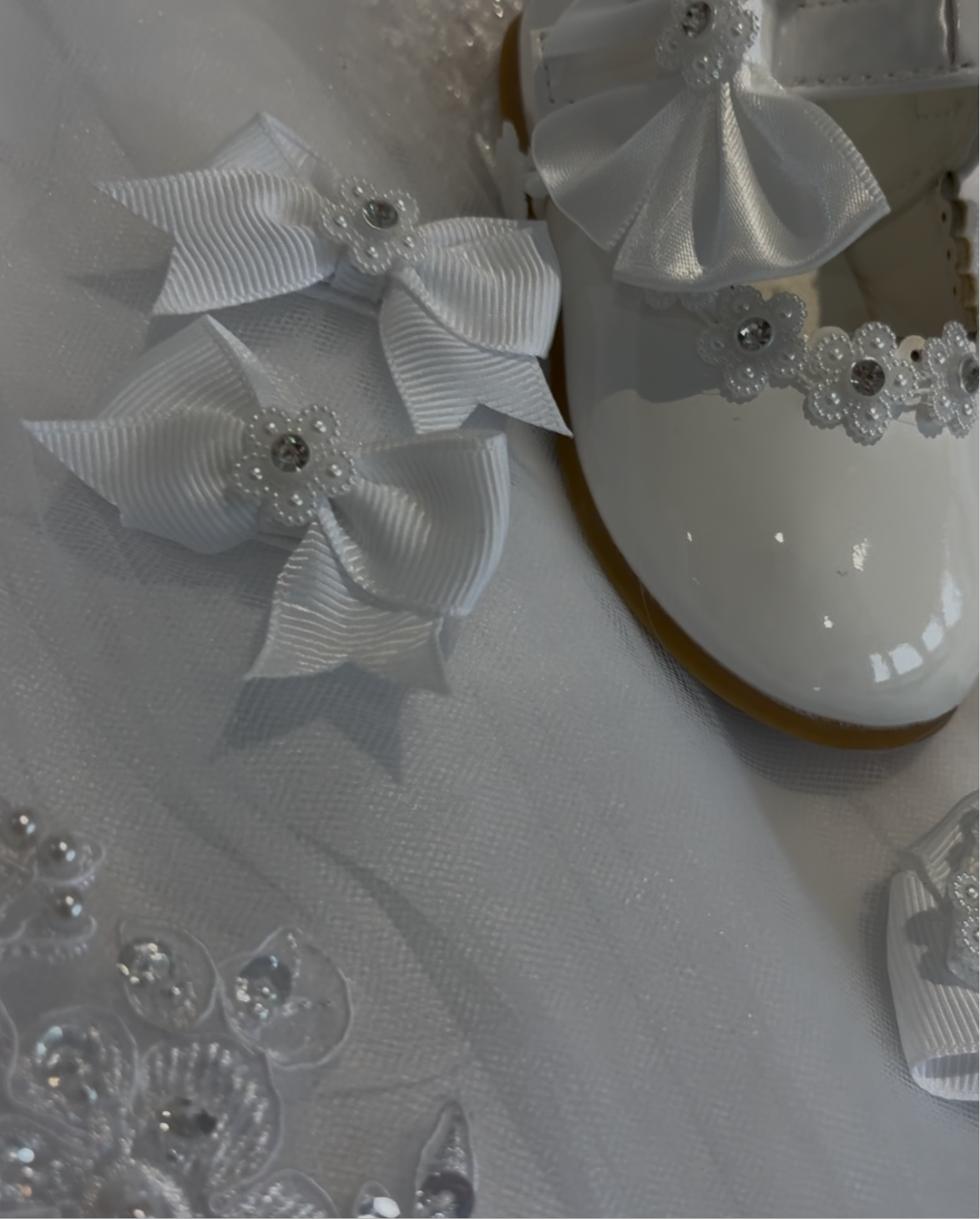 Christening/Bridesmaid/Flower Girl White Patent Pearl and Diamonte Trim