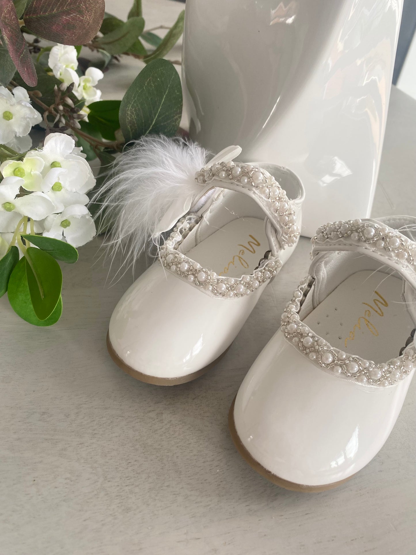 Christening/Bridesmaid/Flower Girl White Patent Crystal Pearl & Marabou Feather Embellishment