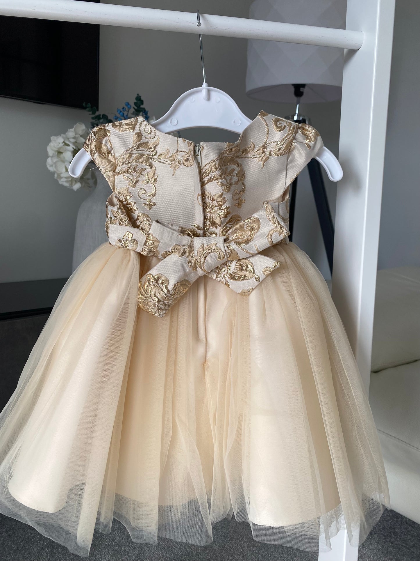 Baby Girls Champagne/Gold Brocade and Tulle Dress