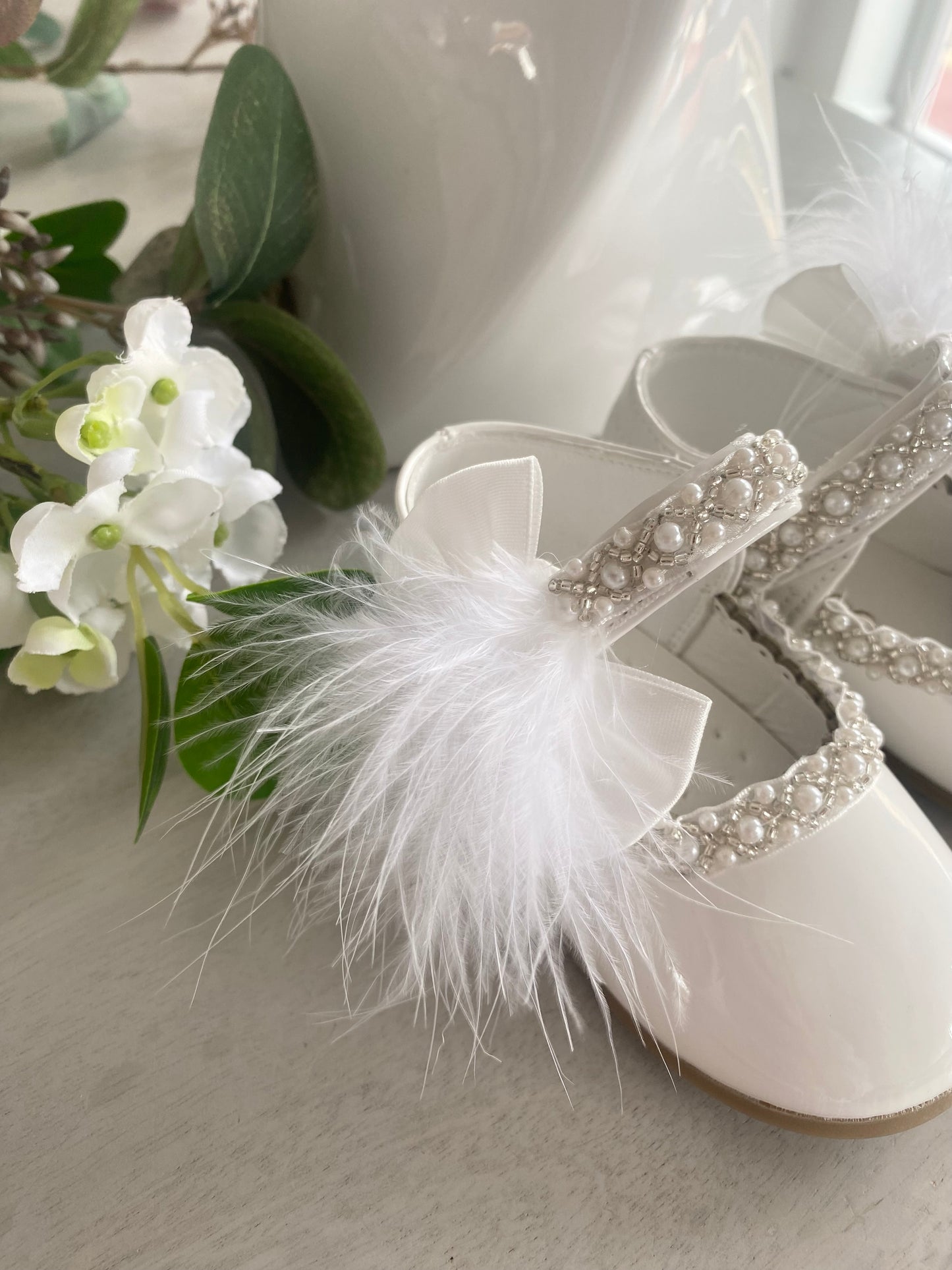 Christening/Bridesmaid/Flower Girl White Patent Crystal Pearl & Marabou Feather Embellishment
