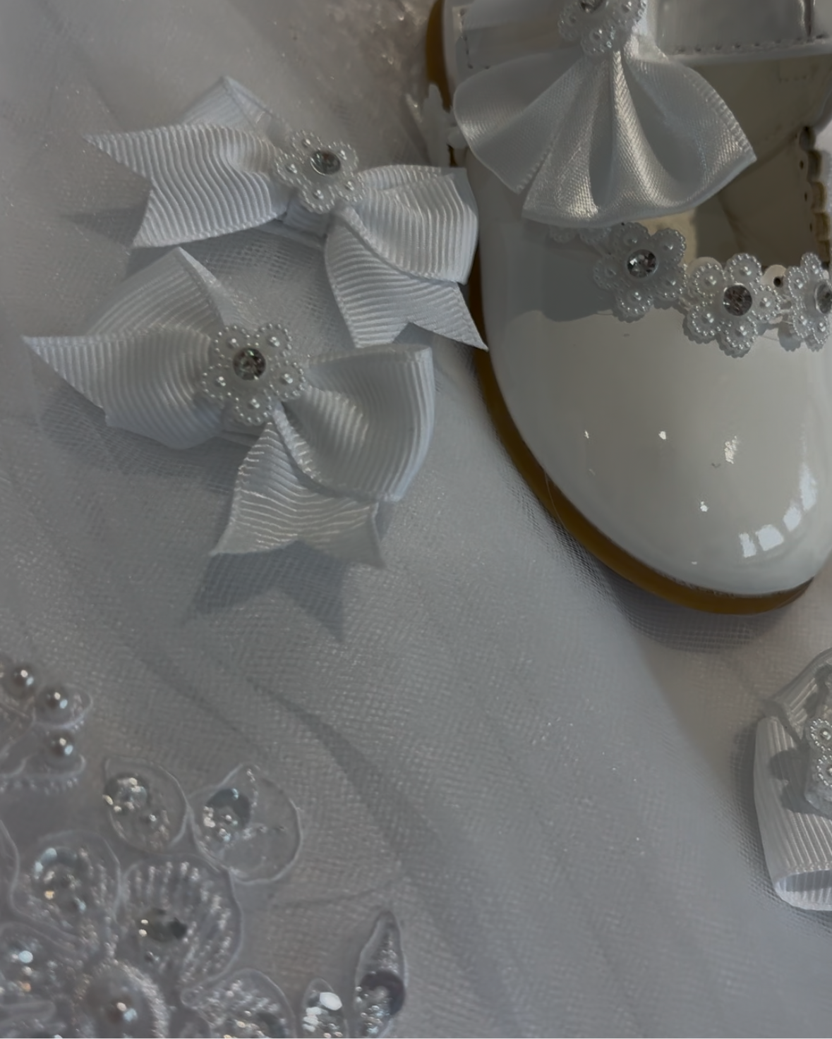 Christening/Bridesmaid/Flower Girl White Patent Pearl and Diamonte Trim
