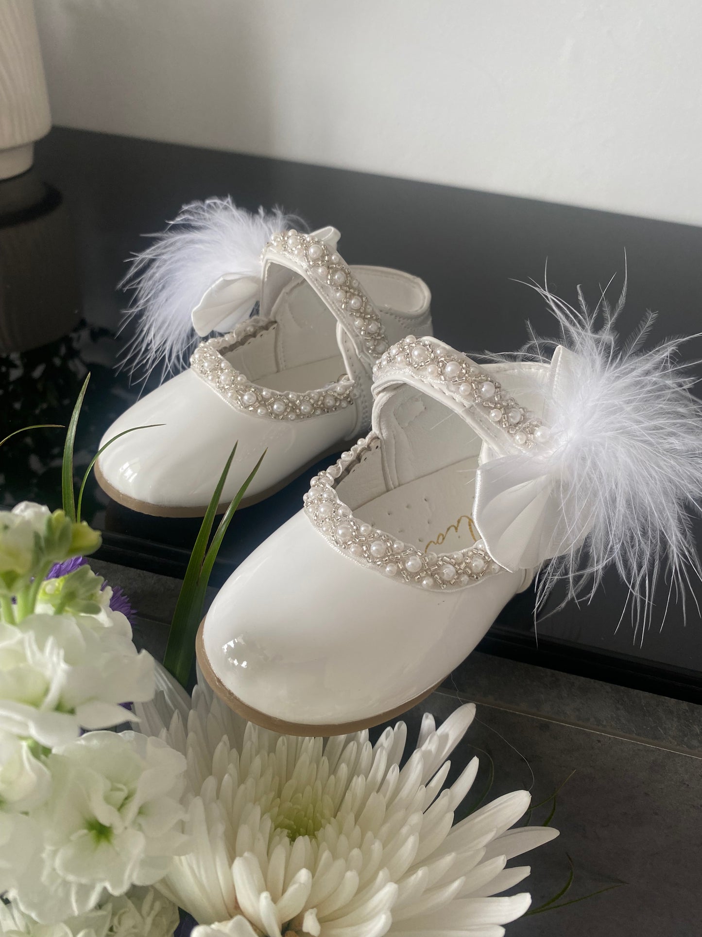 Christening/Bridesmaid/Flower Girl White Patent Crystal Pearl & Marabou Feather Embellishment