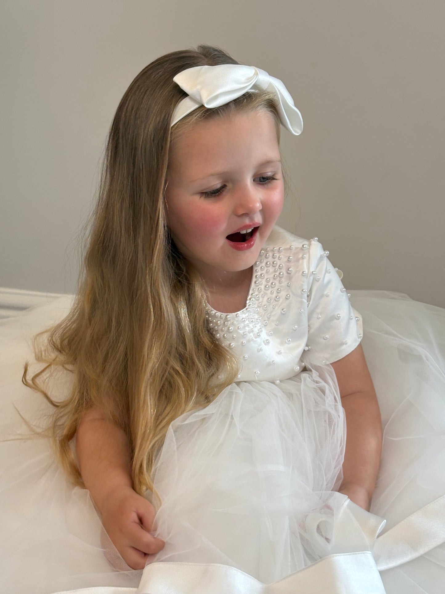 PREMIUM COLLECTION - Beatrice Handmade Luxury Ivory Tulle, Satin and Pearl Dress - Girls Pearl Accent Christening/Flower Girl Dress * Immediate Despatch *