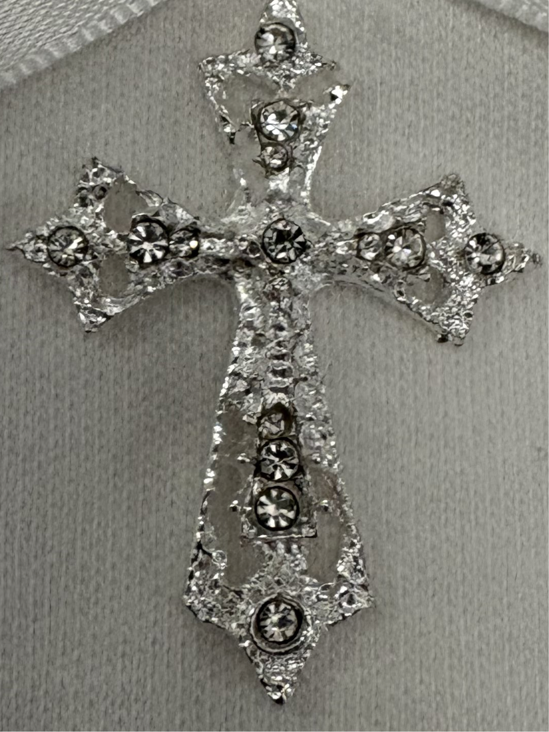 White Satin Christening Bib with a Rhinestone Cross