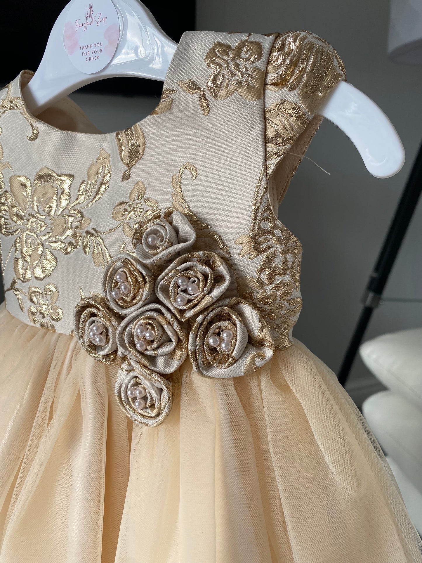 Baby Girls Champagne/Gold Brocade and Tulle Dress