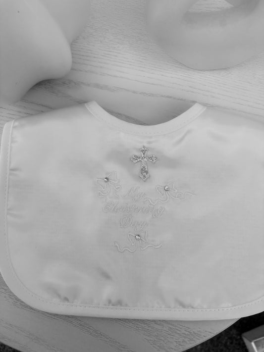 White Satin Christening Bib with a Rhinestone Cross