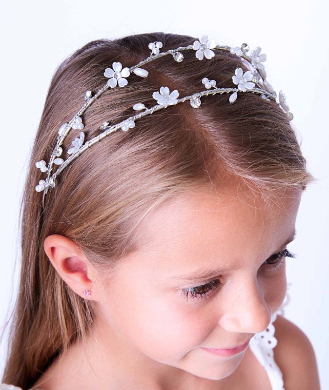 Girls Silver Double Headband - Floral Tiara Style with Pearls & Crystals
