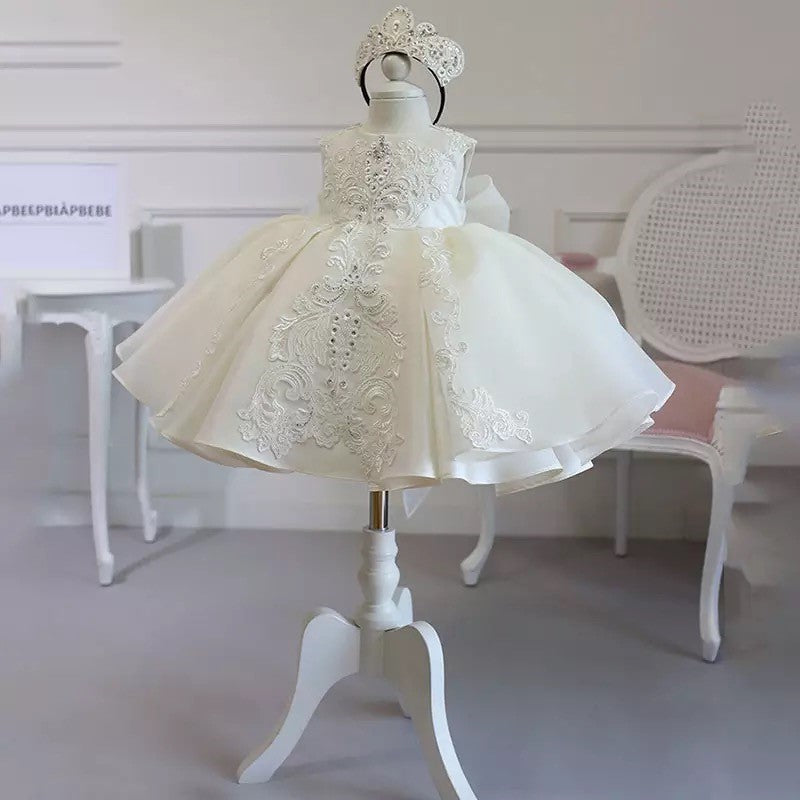 Amelia - PREMIUM COLLECTION Girls Ivory/Crystal Embellished Christening/Flower Girl Dress & Soft Elastic lace matching headband.