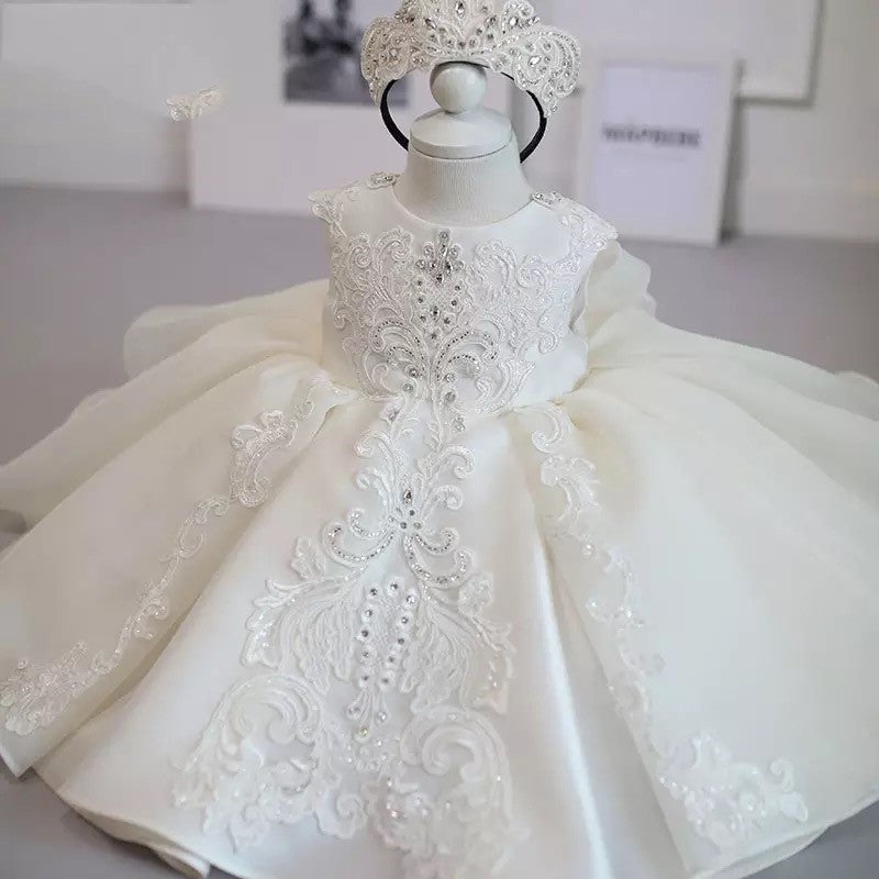 Amelia - PREMIUM COLLECTION Girls Ivory/Crystal Embellished Christening/Flower Girl Dress & Soft Elastic lace matching headband.