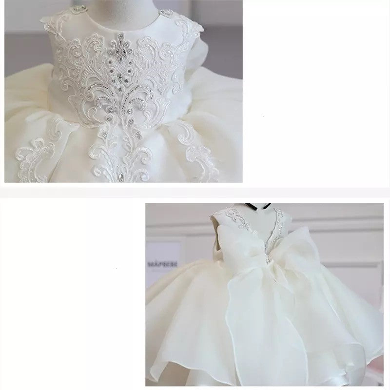 Amelia - PREMIUM COLLECTION Girls Ivory/Crystal Embellished Christening/Flower Girl Dress & Soft Elastic lace matching headband.