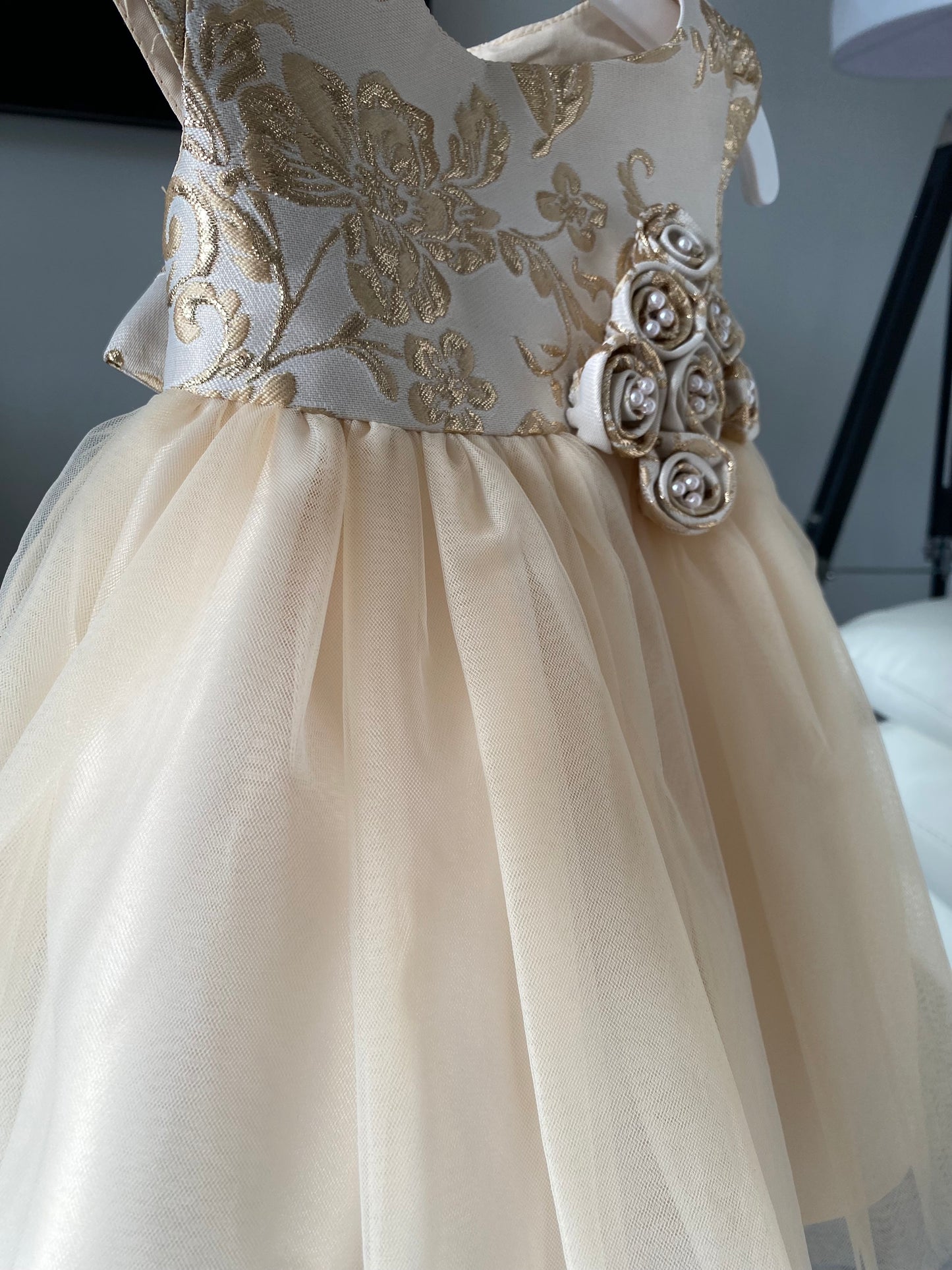 Baby Girls Champagne/Gold Brocade and Tulle Dress