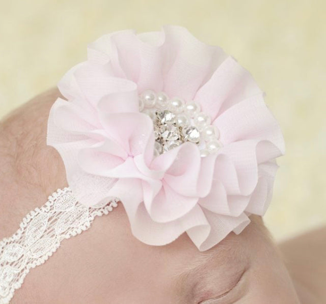 Girls Pink Chiffon Flower with Stones & Pearls on a soft elastic headband
