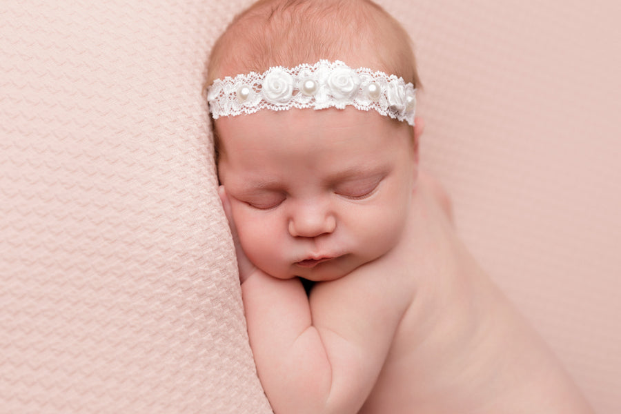 Baby Girls White Soft Elastic Headband with Flowers & Pearls