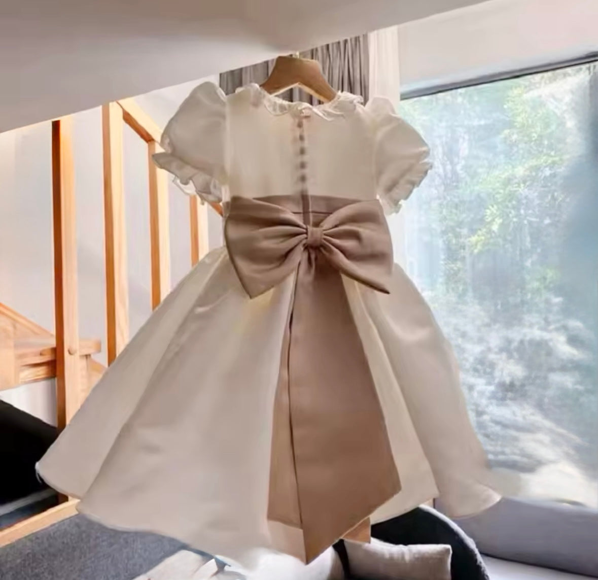 Emelia - Girls Ivory Dress with Rise Pink Bow