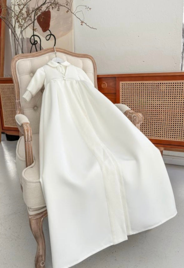 Ethan - PREMIUM COLLECTION Boys Traditional Ivory 2 Piece Christening Gown - Boys Long Sleeve Romper with Button Detail & Full Length Sleeveless Coat