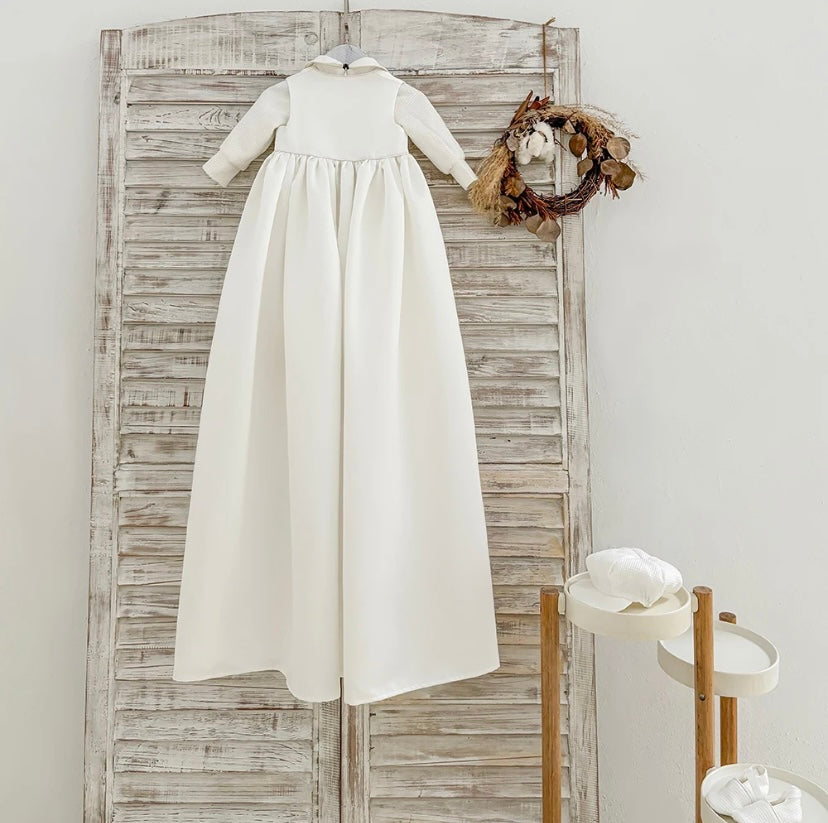 Ethan - PREMIUM COLLECTION Boys Traditional Ivory 2 Piece Christening Gown - Boys Long Sleeve Romper with Button Detail & Full Length Sleeveless Coat