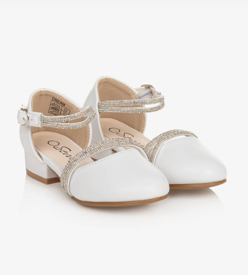 Girls White Rhinestone Straps Low Heel Shoes