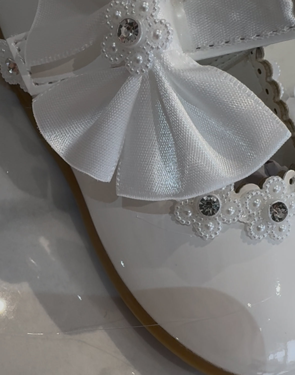 Christening/Bridesmaid/Flower Girl White Patent Pearl and Diamonte Trim