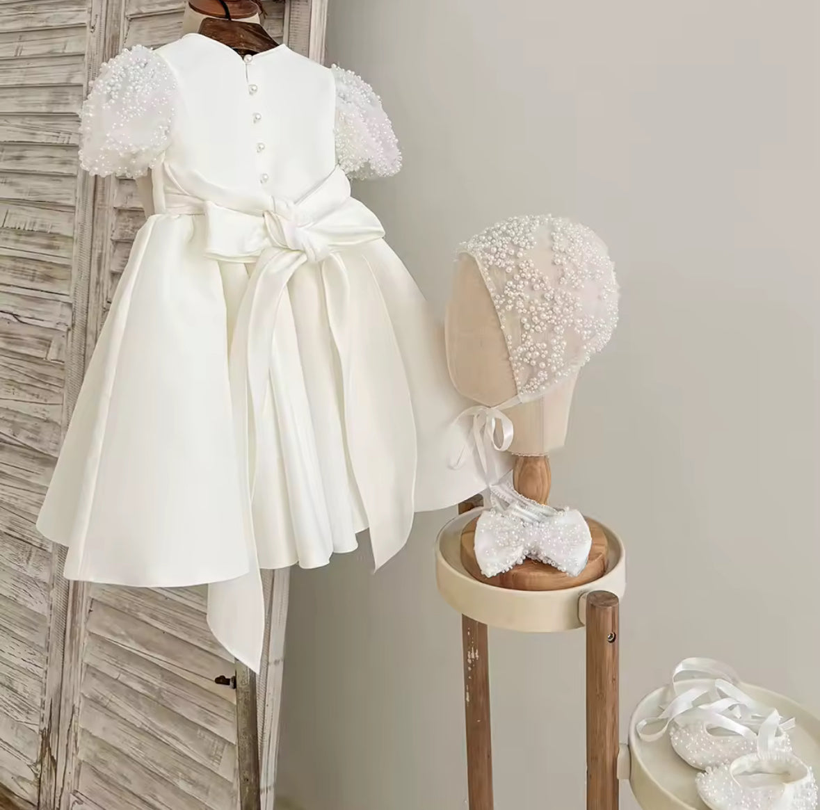 Belle - PREMIUM COLLECTION Handmade Ivory Pearl Embellishment Flower Girl Dress Matching Headband and Ballet Style Shoes