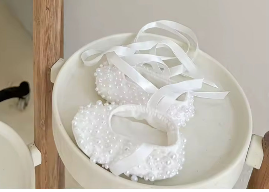Belle - PREMIUM COLLECTION Handmade Ivory Pearl Embellishment Flower Girl Dress Matching Headband and Ballet Style Shoes