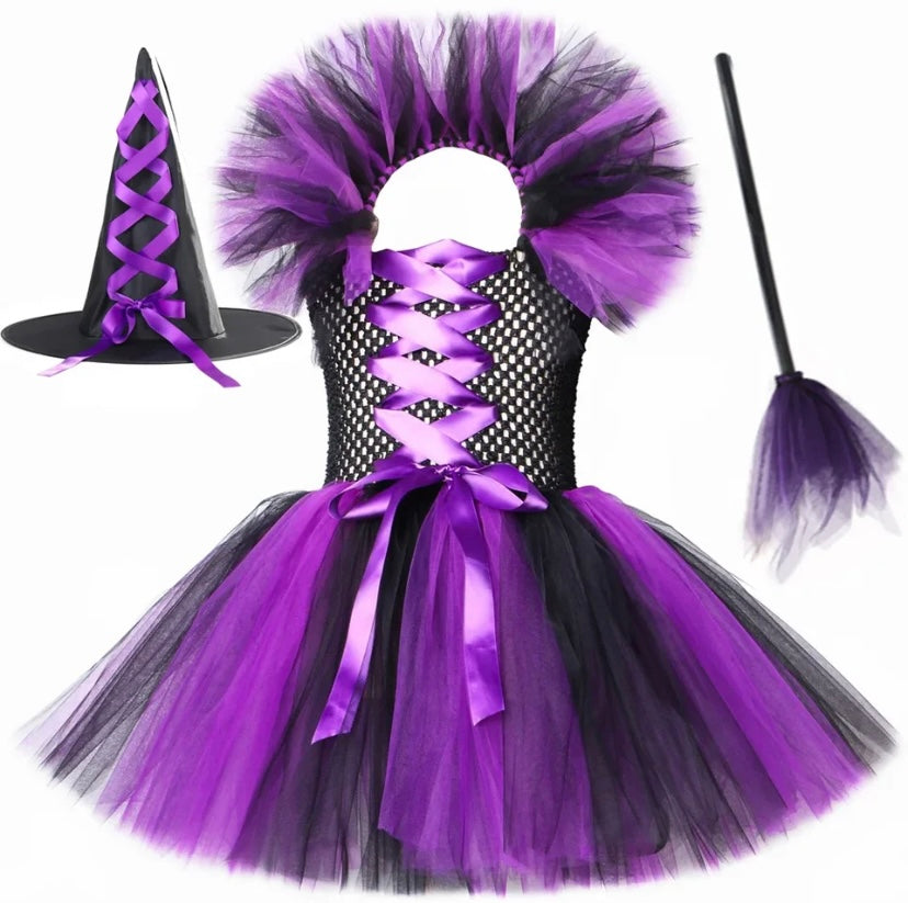 Halloween Witch Costume - Dress, Hat & Broom