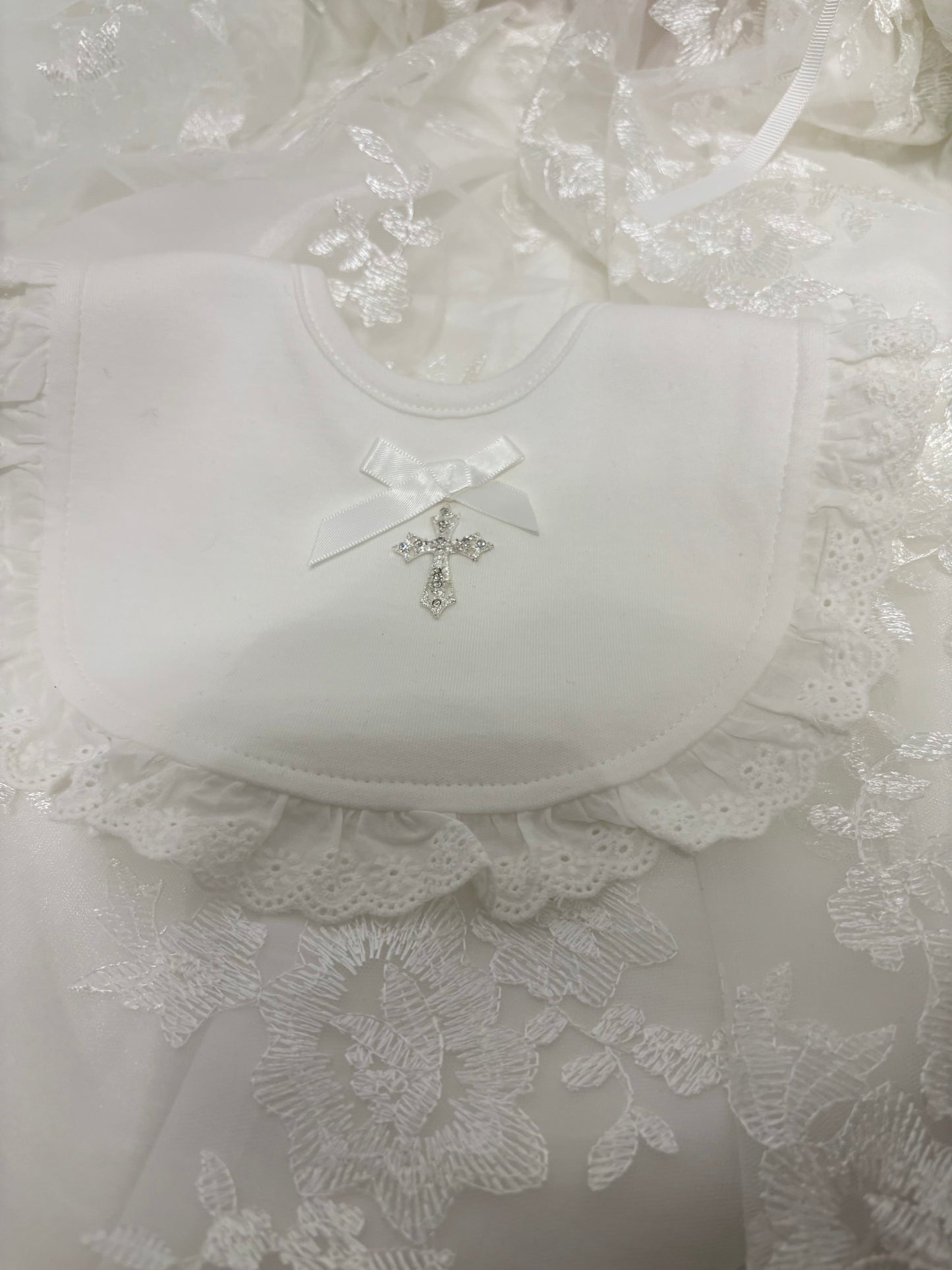 Christening Bib with Pearl and Rhinestone Cross