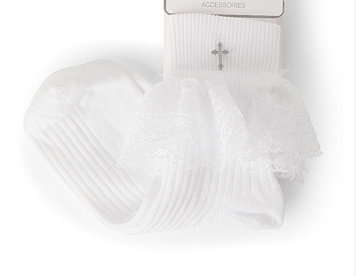 Girls Lace Holy Communion Christening/Special Occasion Socks with Cross Charm