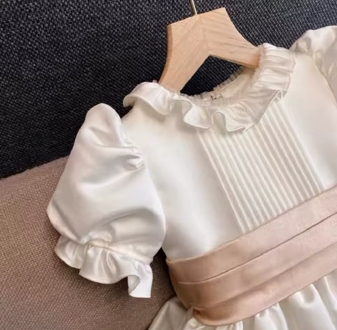 Emelia - Girls Ivory Dress with Rise Pink Bow