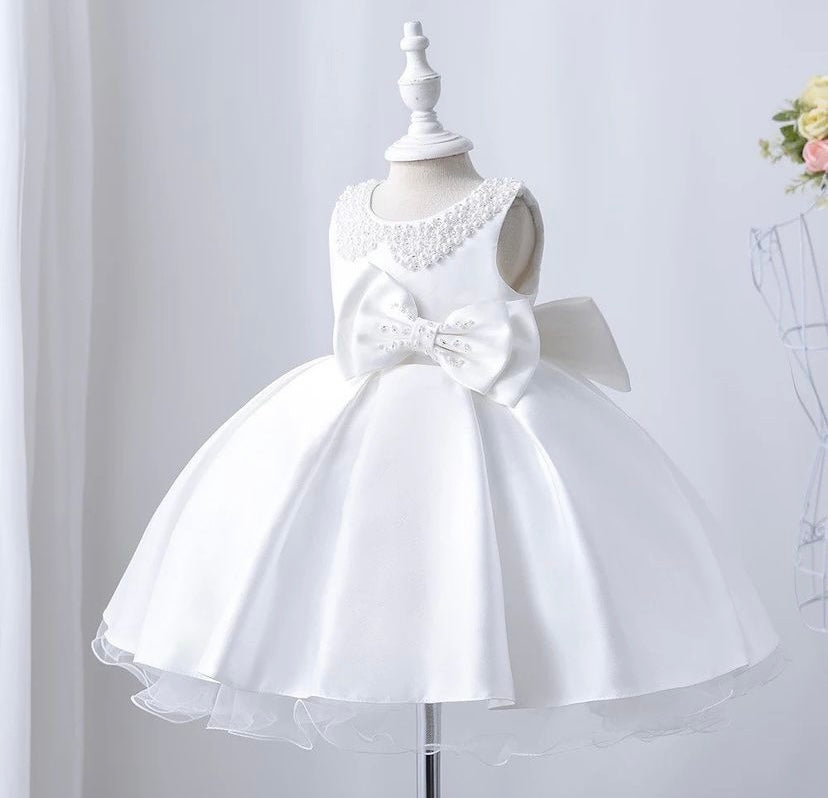White Satin beaded embellishments, Christening Outfit Flower Girls Dress Christening Gown style dress with bow to front and back.