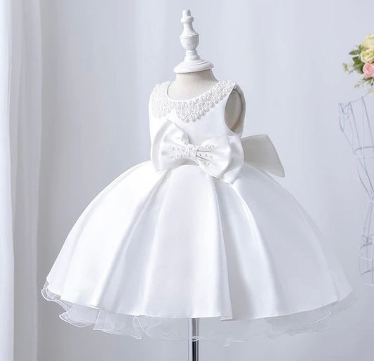 White Satin beaded embellishments, Christening Outfit Flower Girls Dress Christening Gown style dress with  bow to front and back.