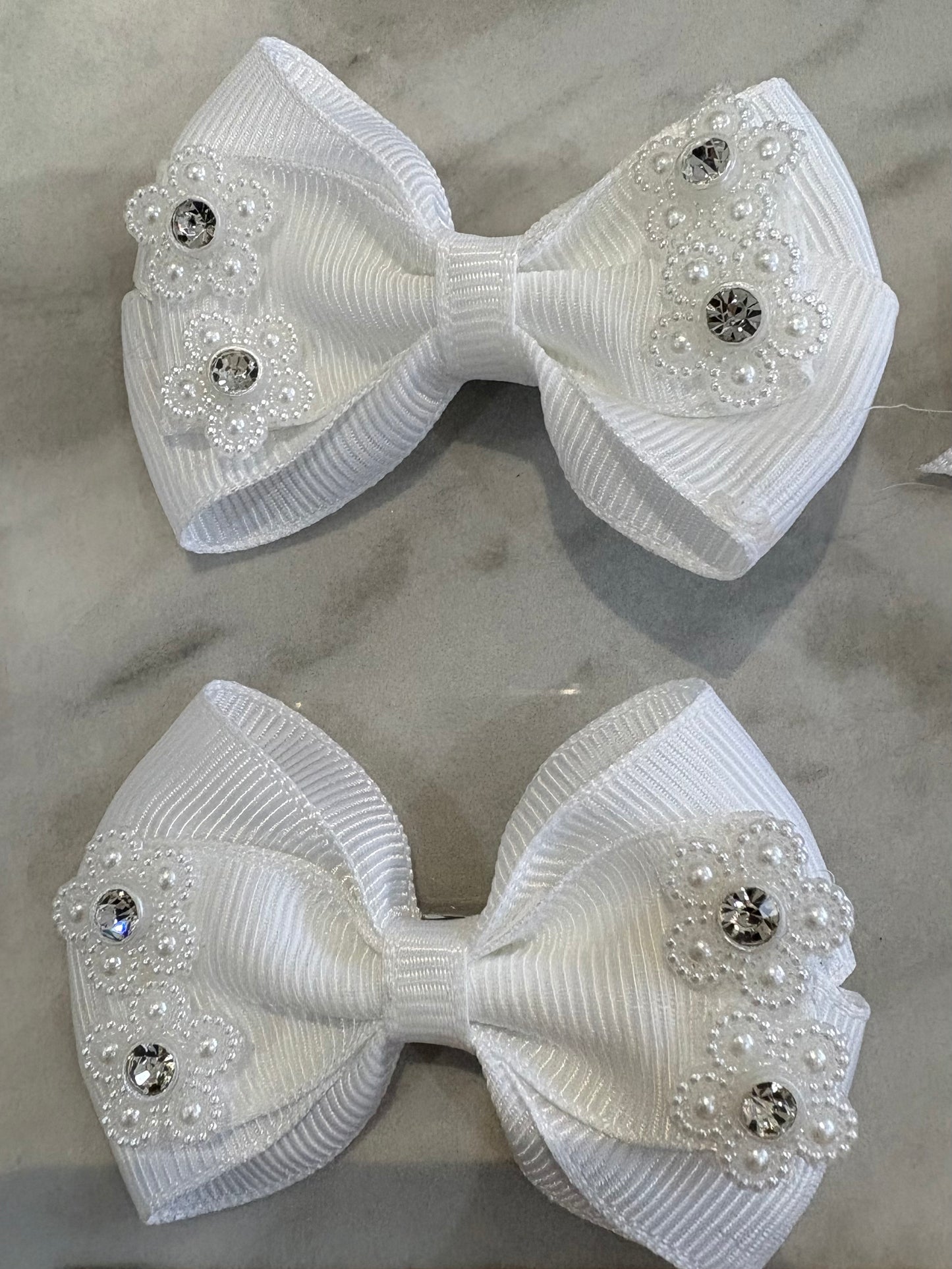 Hair Bows Pearl & Diamante Trim - 2 Sizes - Small or Large