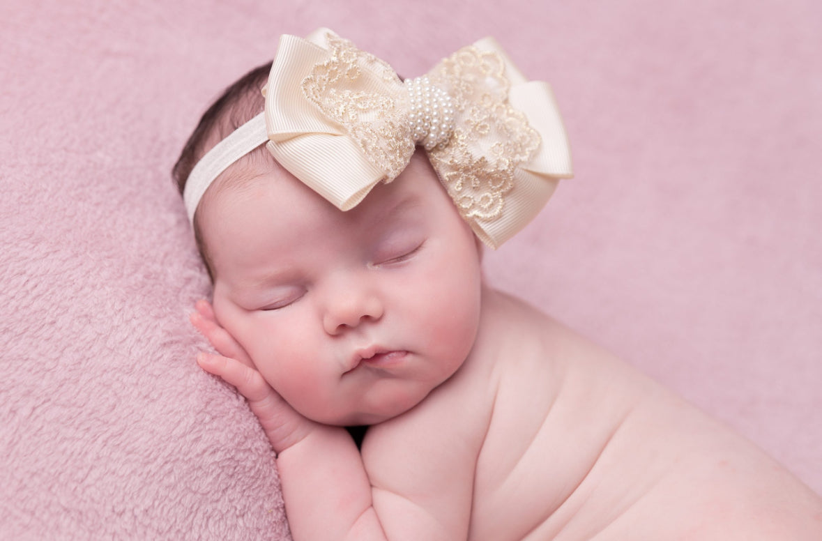 Oversized Bow with Gold Lace and Pearls in Ivory or Pink