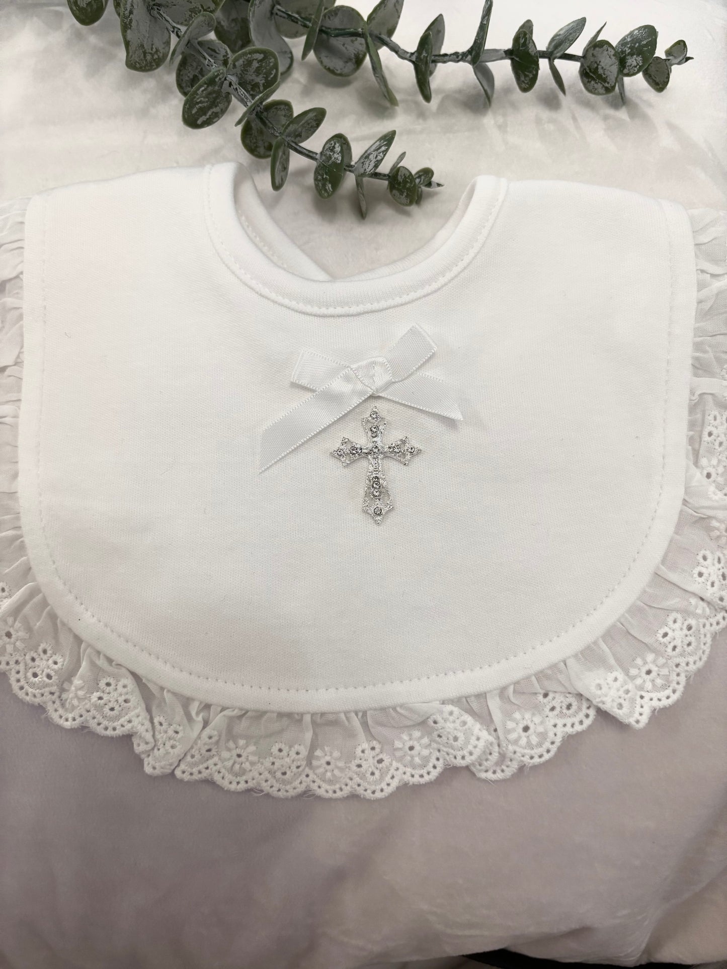 Christening Bib with Pearl and Rhinestone Cross