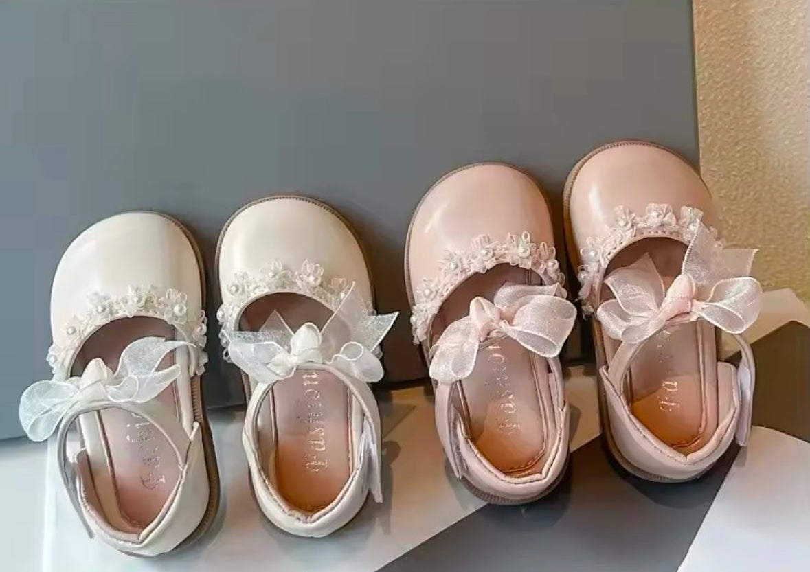 Girls Pearl & Ribbon Embellishment Shoes - Available in Pink or Cream Were £22.95 NOW £10.50