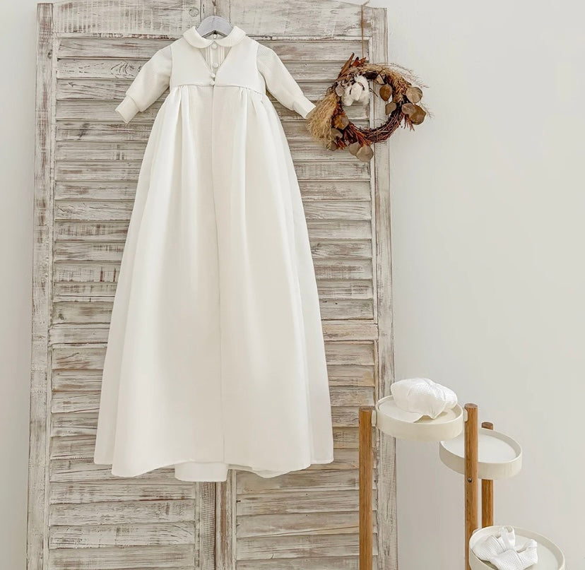 Ethan - PREMIUM COLLECTION Boys Traditional Ivory 2 Piece Christening Gown - Boys Long Sleeve Romper with Button Detail & Full Length Sleeveless Coat