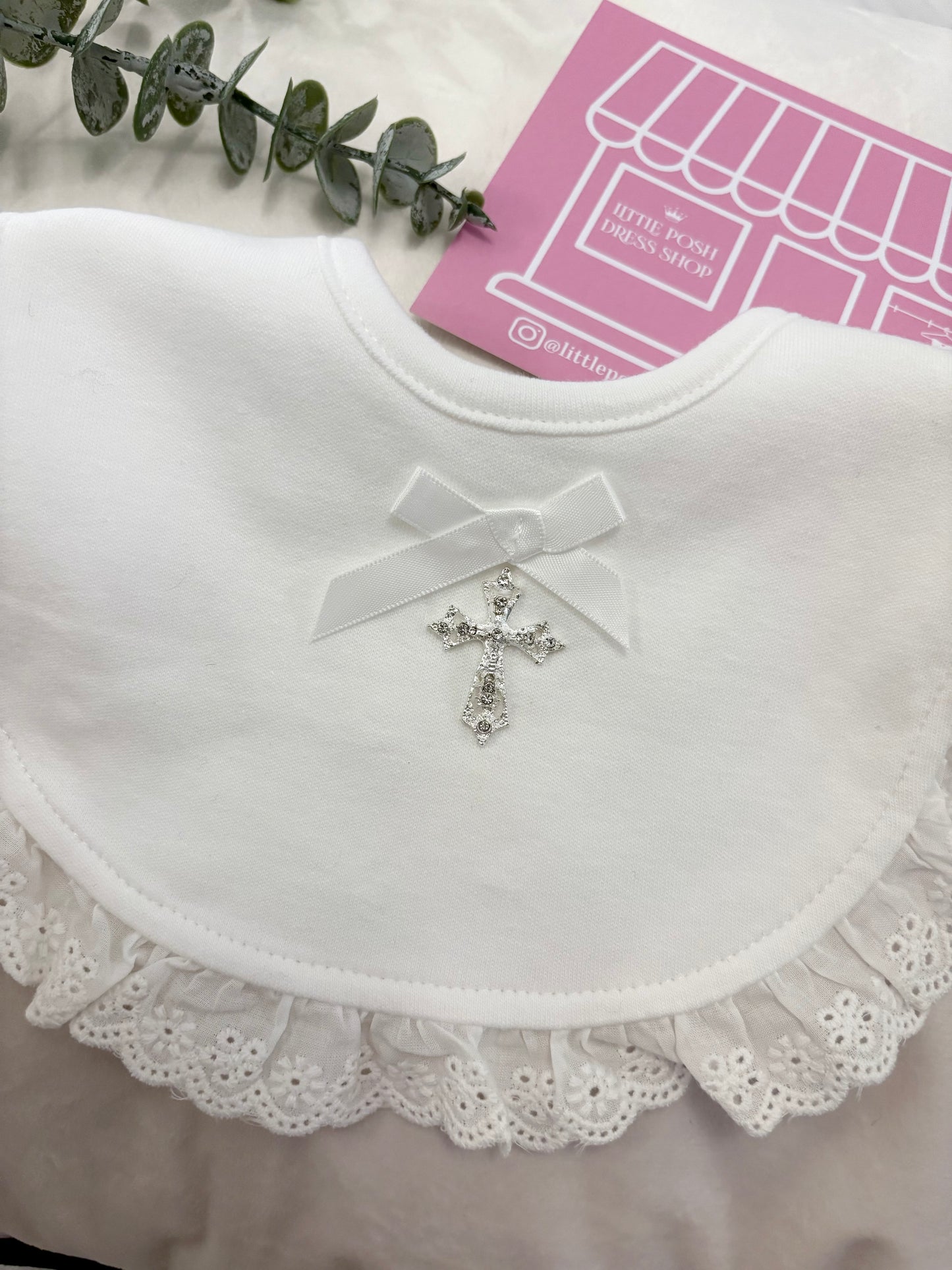 Christening Bib with Pearl and Rhinestone Cross