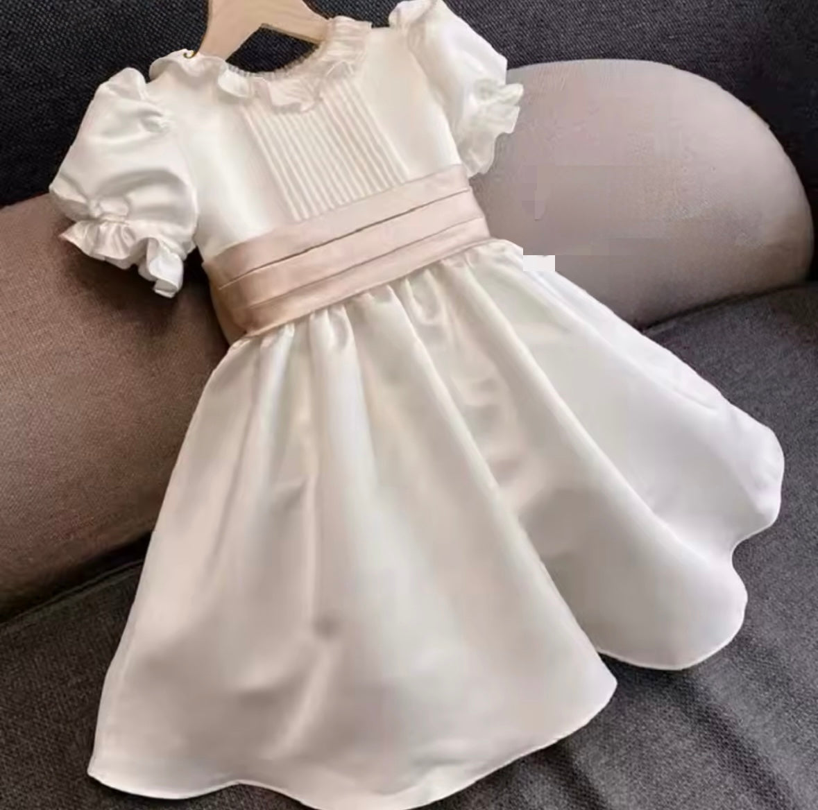 Emelia - Girls Ivory Dress with Rise Pink Bow