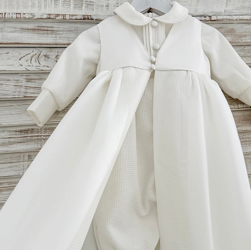 Ethan - PREMIUM COLLECTION Boys Traditional Ivory 2 Piece Christening Gown - Boys Long Sleeve Romper with Button Detail & Full Length Sleeveless Coat