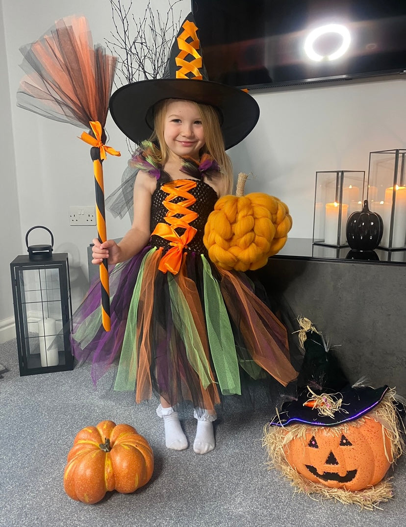 Halloween Witch Costume - Dress, Hat & Broom
