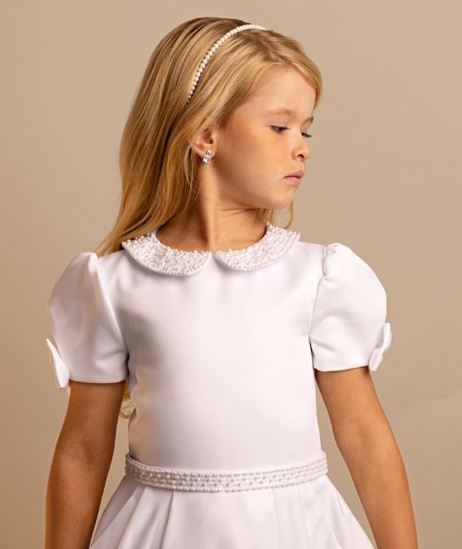 Holy Communion Dress Ages 7-11 Years - White Satin & Pearl Trim