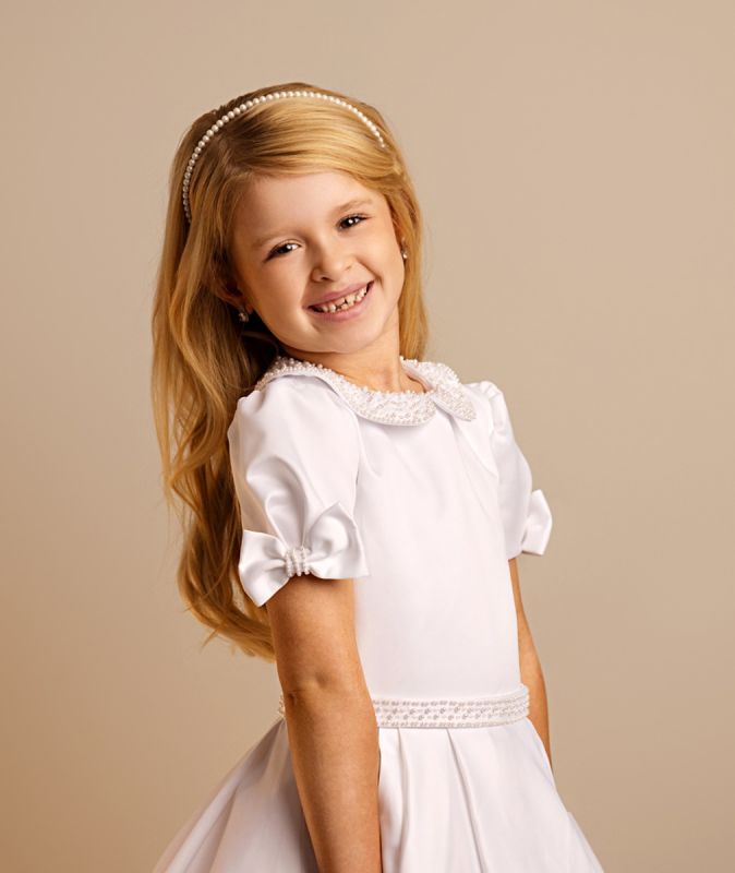 Holy Communion Dress Ages 7-11 Years - White Satin & Pearl Trim
