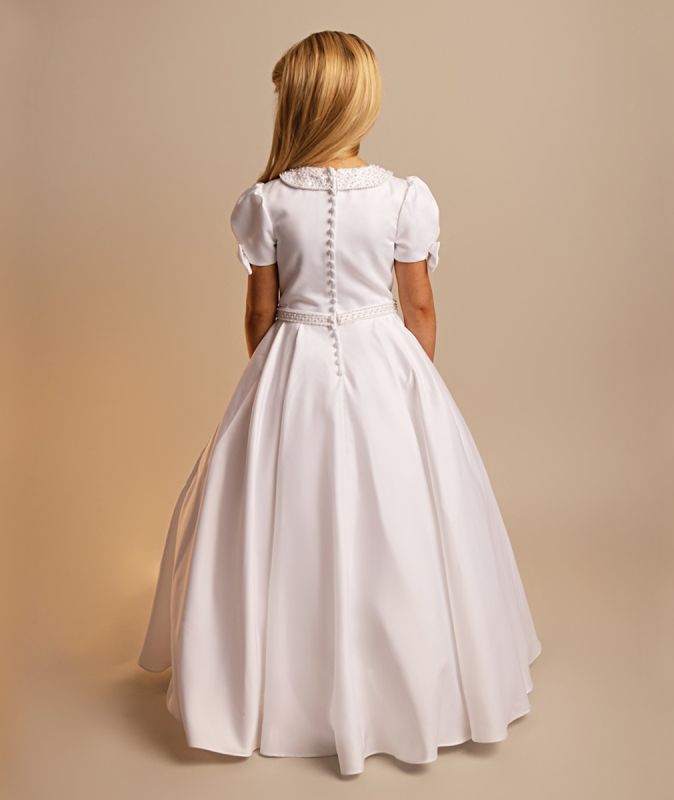 Holy Communion Dress Ages 7-11 Years - White Satin & Pearl Trim