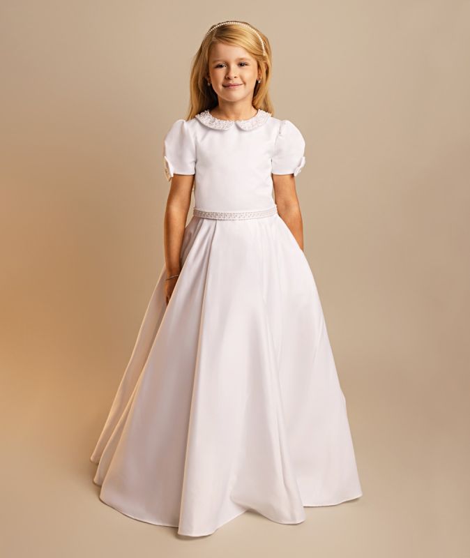 Holy Communion Dress Ages 7-11 Years - White Satin & Pearl Trim