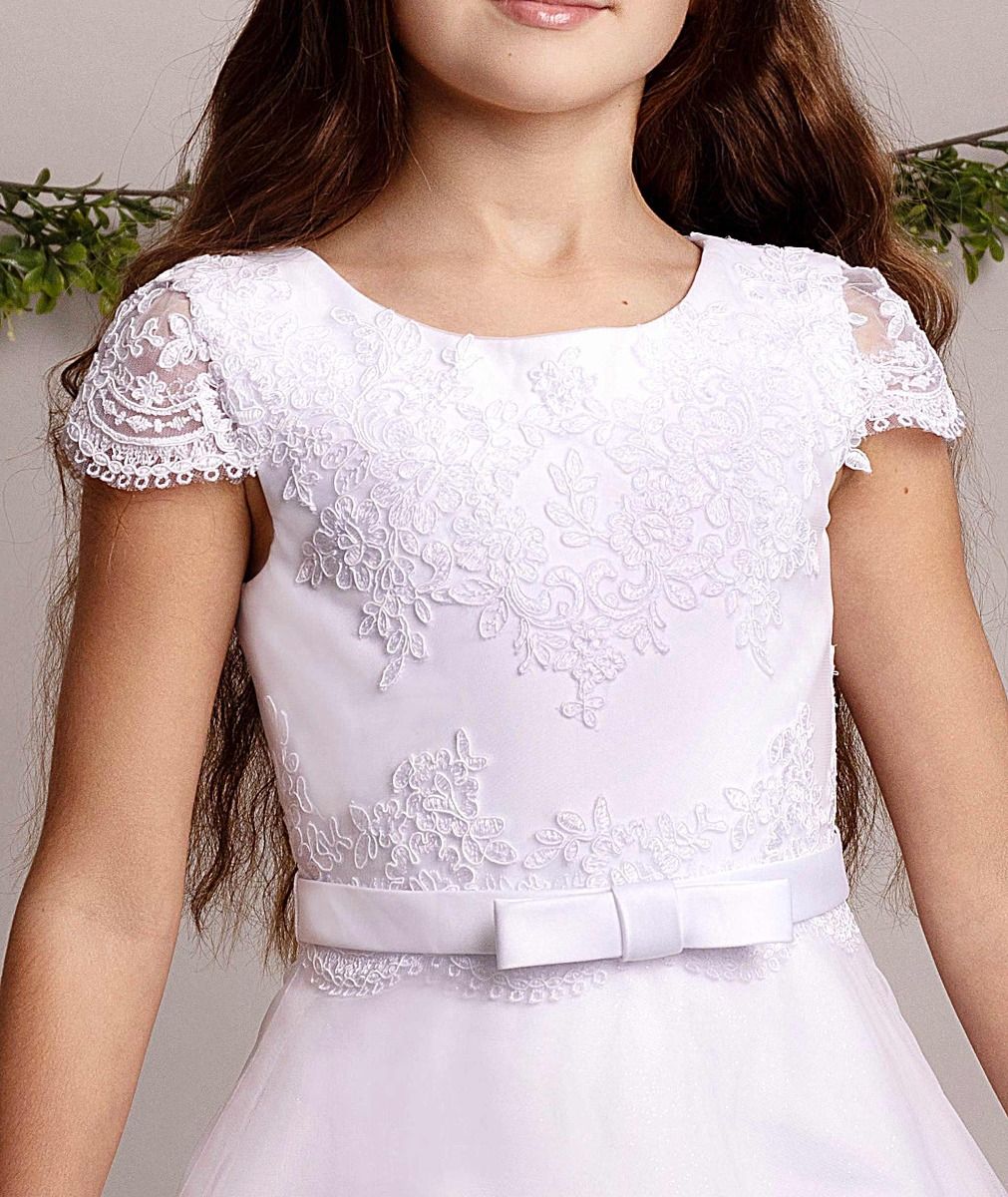 Amara Dress - Holy Communion Dress Ages 7 -11 Years - White Satin & Lace Appliqué Bodice