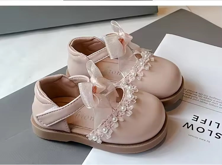 Girls Pearl & Ribbon Embellishment Shoes - Available in Pink or Cream Were £22.95 NOW £10.50