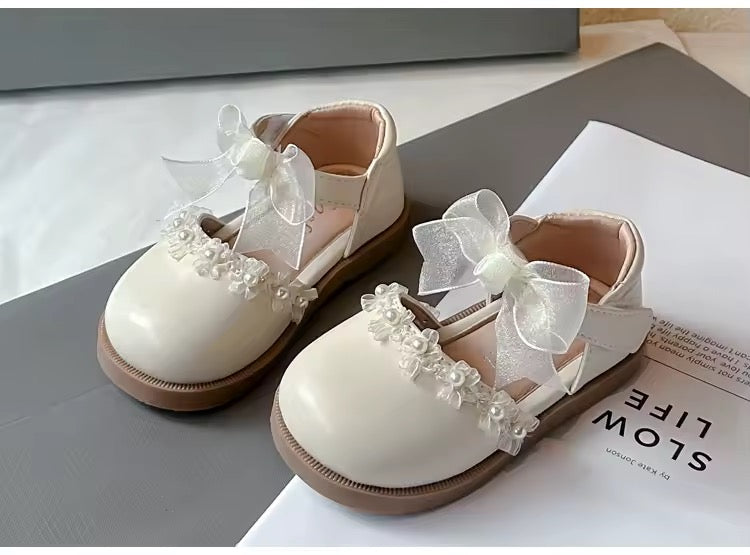 Girls Pearl & Ribbon Embellishment Shoes - Available in Pink or Cream Were £22.95 NOW £10.50