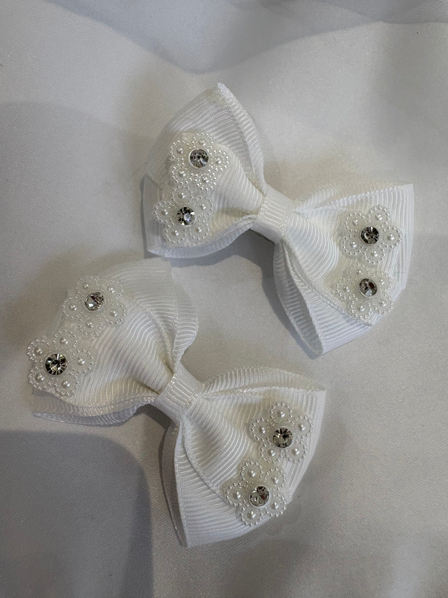 Hair Bows Pearl & Diamante Trim - 2 Sizes - Small or Large